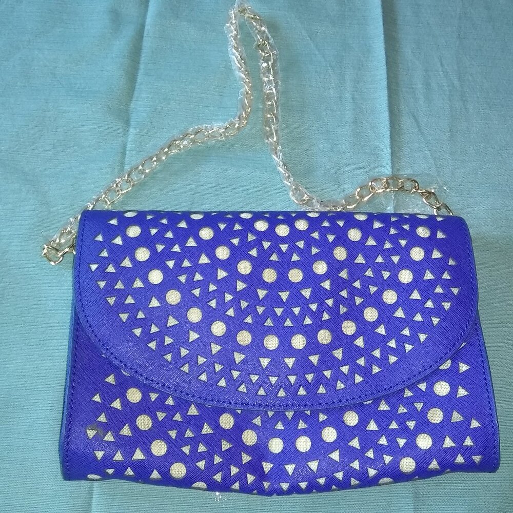 Sondra Roberts Leather Purple/Royal Blue Removable Gold Chain Strap Purse